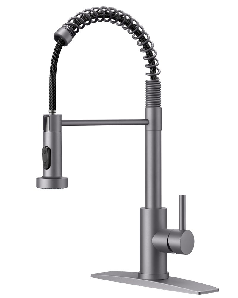 FORIOUS Kitchen Faucet with Pull Down Sprayer, Stainless Steel Commercial Single Handle Classic Spring Pull Out Sink Faucet for Pot Filler, Farmhouse Camper Bar Laundry Room, Grey - Image 1